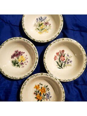 4 VTG EUC Thompson Pottery "Floral Garden" WHITE 7x2" Bowls French Country